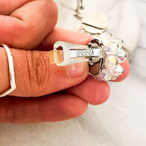 Vintage Signed Hobe Earrings AB Crystal Faceted Beads Clip On Silver Toned - Picture 7 of 8